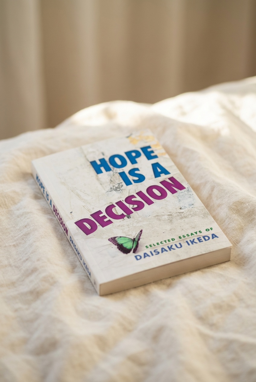Cover of the book "Hope Is A Decision: Selected Essays" by Daisaku Ikeda, resting on a textured light-colored surface.